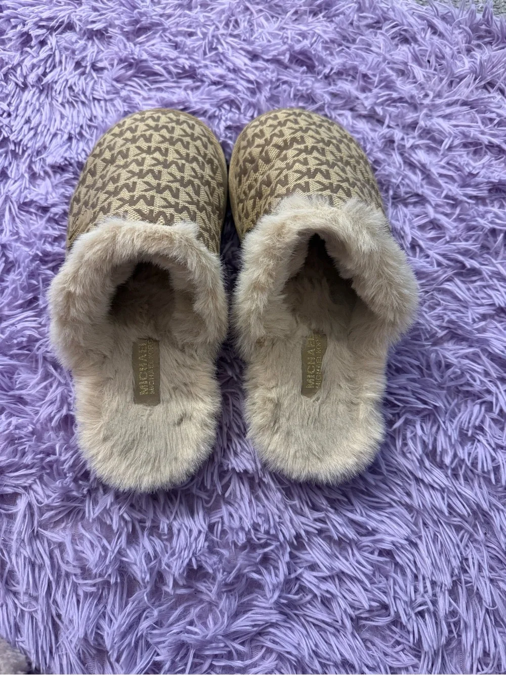 Michael Kors Kids Tan/Brown MK Logo Faux-Fur Slip-On Slippers